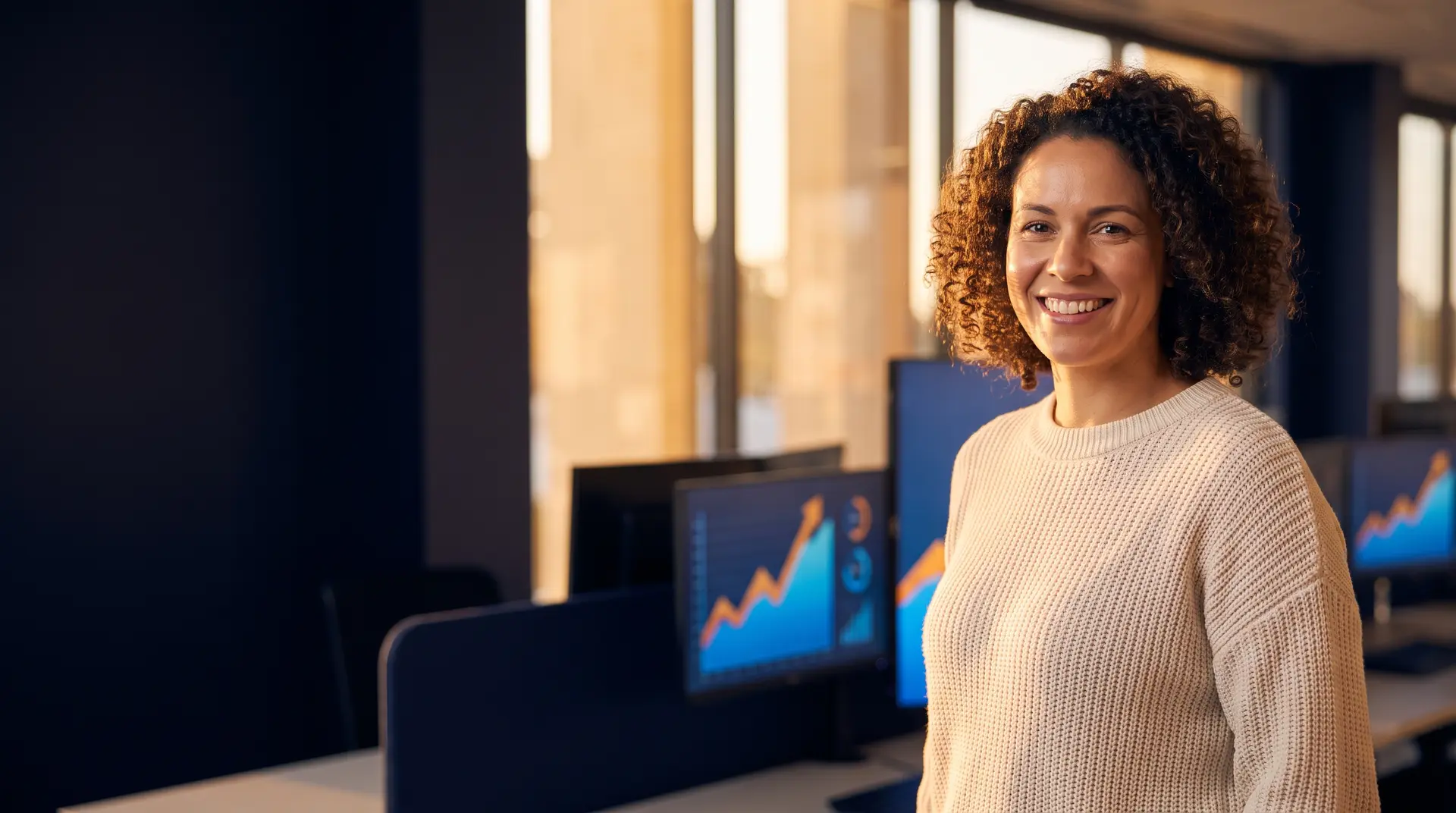 A Perth Google Ads specialist reviewing live paid-search campaign dashboards on the screens behind her in a St Georges Terrace office at golden hour